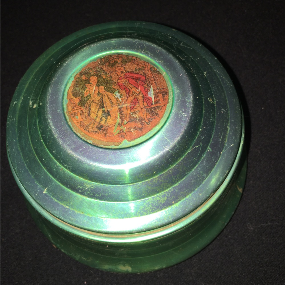 Vintage Green Metal Powder Trinket Music Box Plays “I Love You Truly” /129